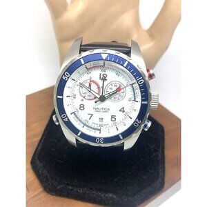 Nautica Men's Watch N25003 Swiss Quartz White Dial Date Black Leather Band 42mm